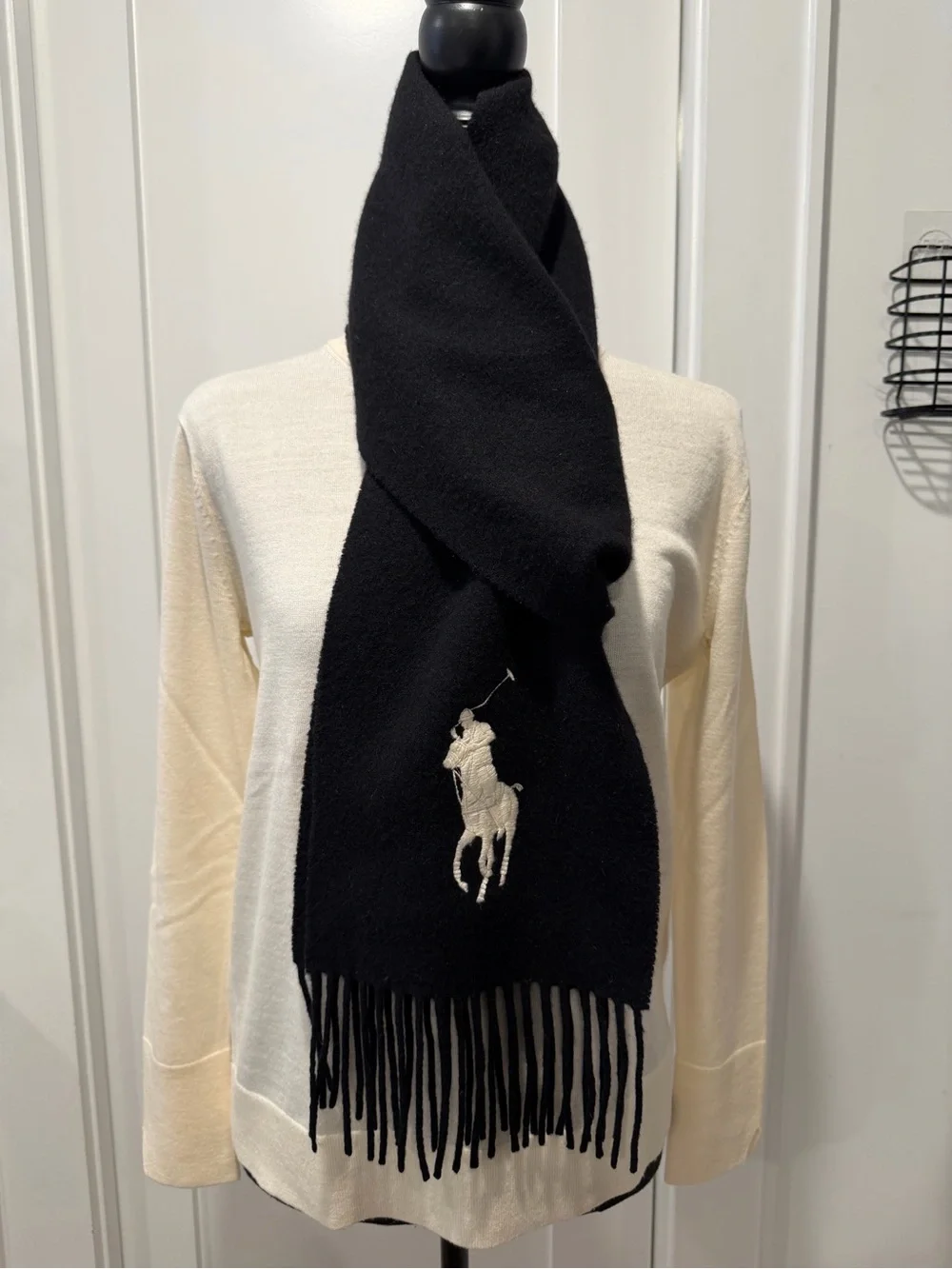 Ralph Lauren Cashmere Lambswool Big Pony Scarf Black NWOT $295